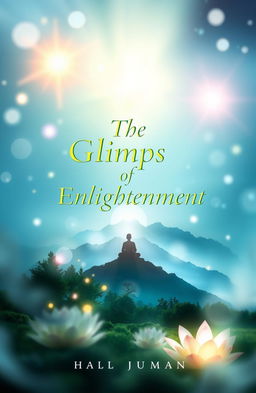 A visually captivating book cover design for the title 'The Glimpse of Enlightenment,' featuring mystical elements like soft glowing lights, serene nature scenes such as a tranquil forest or peaceful mountain with sunrise, and symbolic representations of enlightenment such as a meditating figure or the lotus flower