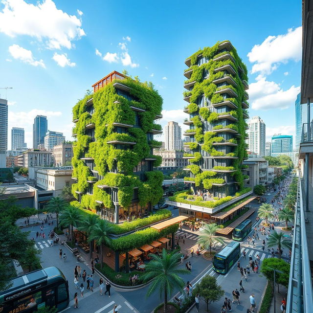 A vibrant cityscape featuring innovative green buildings intertwined with intelligent infrastructure