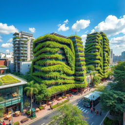 A vibrant cityscape featuring innovative green buildings intertwined with intelligent infrastructure