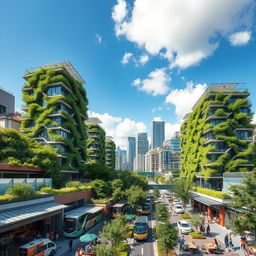 A vibrant cityscape featuring innovative green buildings intertwined with intelligent infrastructure