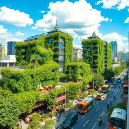 A vibrant cityscape featuring innovative green buildings intertwined with intelligent infrastructure