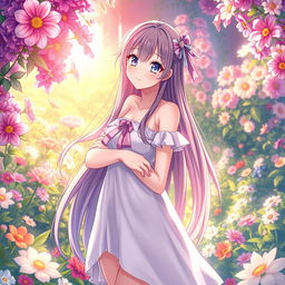 A beautiful anime girl standing confidently with a playful smirk, her long flowing hair cascading down her shoulders