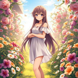 A beautiful anime girl standing confidently with a playful smirk, her long flowing hair cascading down her shoulders