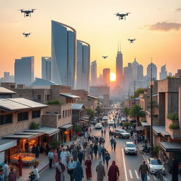 A futuristic city scene in Syria, set in the year 2025, showcasing a blend of traditional Syrian architecture and modern advancements