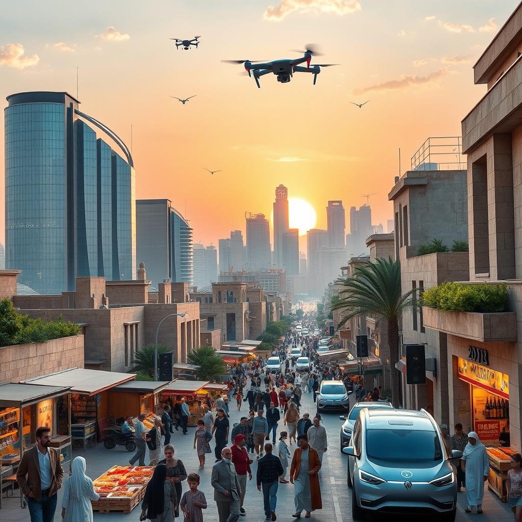 A futuristic city scene in Syria, set in the year 2025, showcasing a blend of traditional Syrian architecture and modern advancements