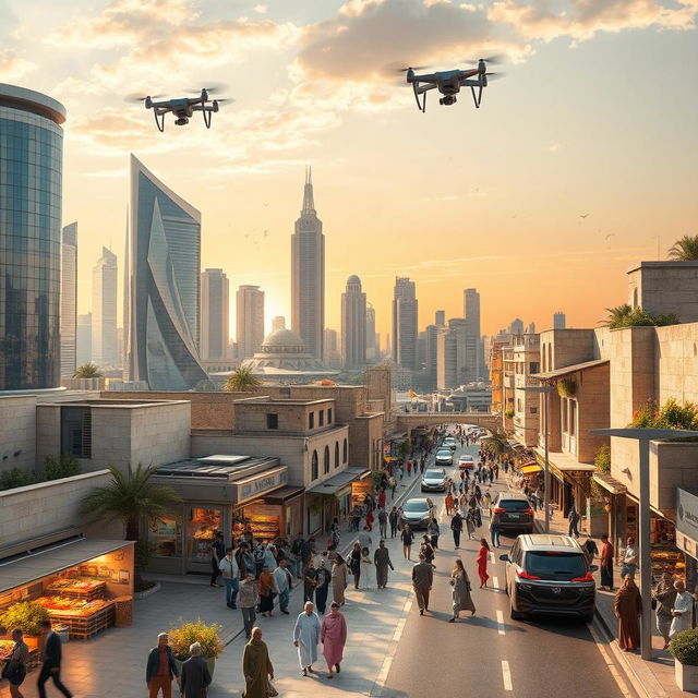 A futuristic city scene in Syria, set in the year 2025, showcasing a blend of traditional Syrian architecture and modern advancements