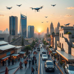 A futuristic city scene in Syria, set in the year 2025, showcasing a blend of traditional Syrian architecture and modern advancements