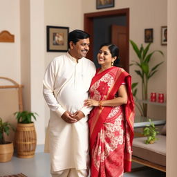 A typical Bengali couple dressed in traditional attire, the husband in a simple white kurta and dhoti, and the wife in a vibrant red and white saree with intricate patterns