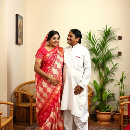A typical Bengali couple dressed in traditional attire, the husband in a simple white kurta and dhoti, and the wife in a vibrant red and white saree with intricate patterns
