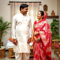 A typical Bengali couple dressed in traditional attire, the husband in a simple white kurta and dhoti, and the wife in a vibrant red and white saree with intricate patterns
