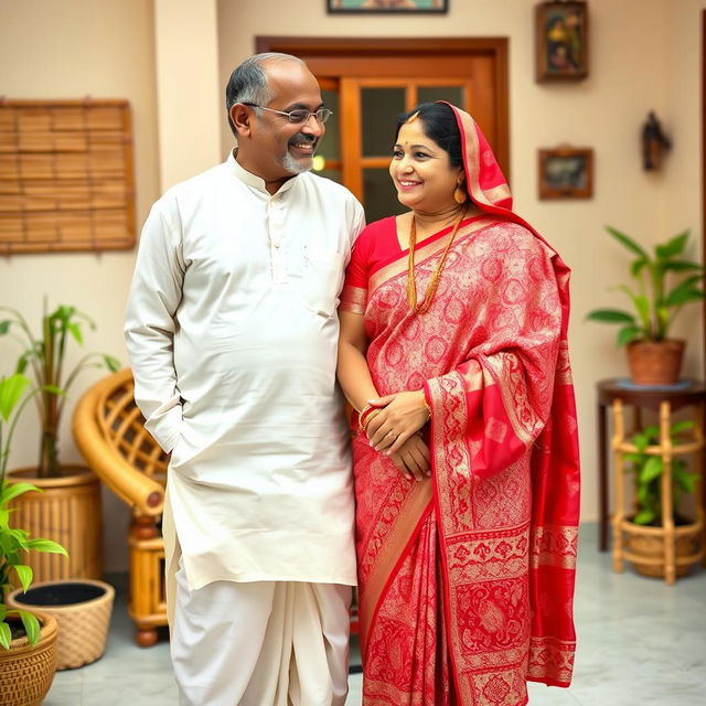 A typical Bengali couple dressed in traditional attire, the husband in a simple white kurta and dhoti, and the wife in a vibrant red and white saree with intricate patterns