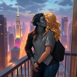 An enchanting urban fantasy scene depicting a couple locked in a tender kiss on a balcony