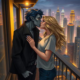 An enchanting urban fantasy scene depicting a couple locked in a tender kiss on a balcony