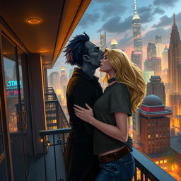 An enchanting urban fantasy scene depicting a couple locked in a tender kiss on a balcony