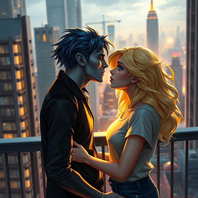 An enchanting urban fantasy scene depicting a couple locked in a tender kiss on a balcony