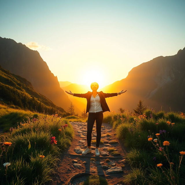 A captivating and uplifting scene depicting a person standing on a beautiful mountain path, radiating self-love and confidence