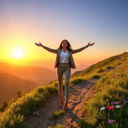 A captivating and uplifting scene depicting a person standing on a beautiful mountain path, radiating self-love and confidence