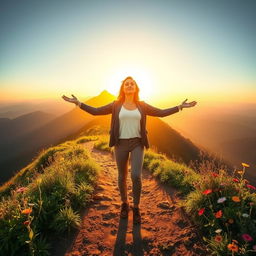 A captivating and uplifting scene depicting a person standing on a beautiful mountain path, radiating self-love and confidence
