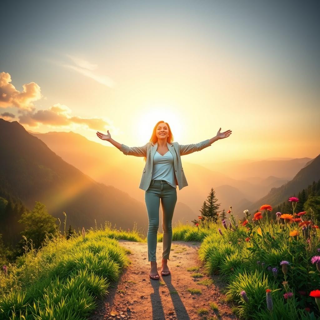 A captivating and uplifting scene depicting a person standing on a beautiful mountain path, radiating self-love and confidence