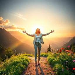A captivating and uplifting scene depicting a person standing on a beautiful mountain path, radiating self-love and confidence