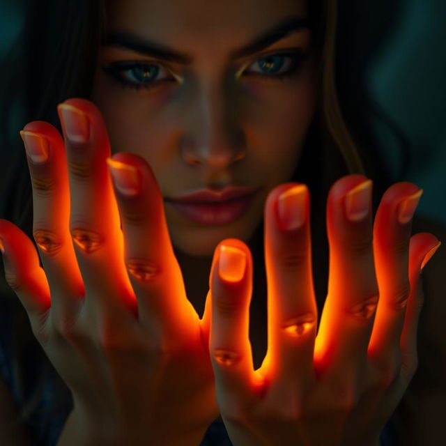 A close-up shot of Tyla's hands, which are glowing faintly with a warm, fiery light