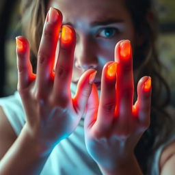 A close-up shot of Tyla's hands, which are glowing faintly with a warm, fiery light