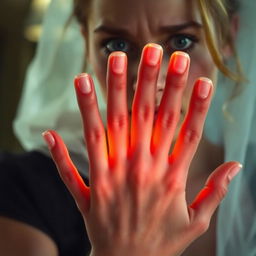 A close-up shot of Tyla's hands, which are glowing faintly with a warm, fiery light