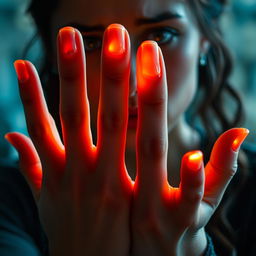 A close-up shot of Tyla's hands, which are glowing faintly with a warm, fiery light