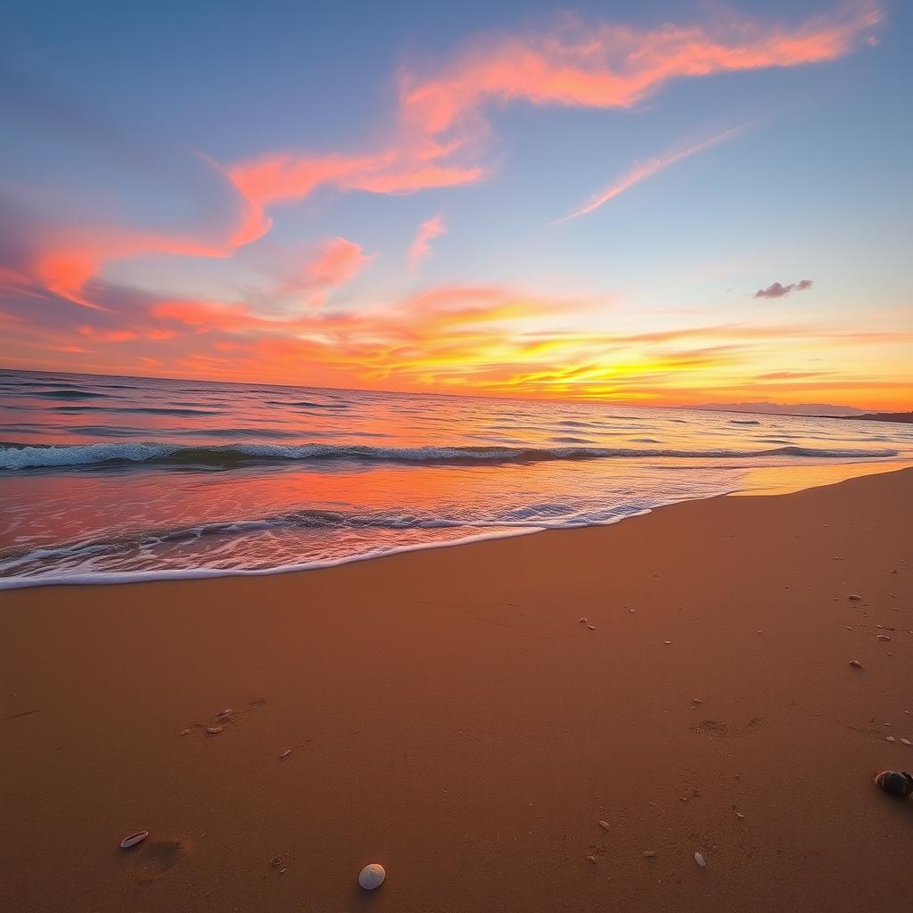 A serene beach at sunset with gentle waves lapping at the shore, vibrant orange, pink, and purple hues in the sky as the sun dips below the horizon