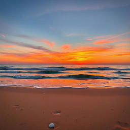 A serene beach at sunset with gentle waves lapping at the shore, vibrant orange, pink, and purple hues in the sky as the sun dips below the horizon
