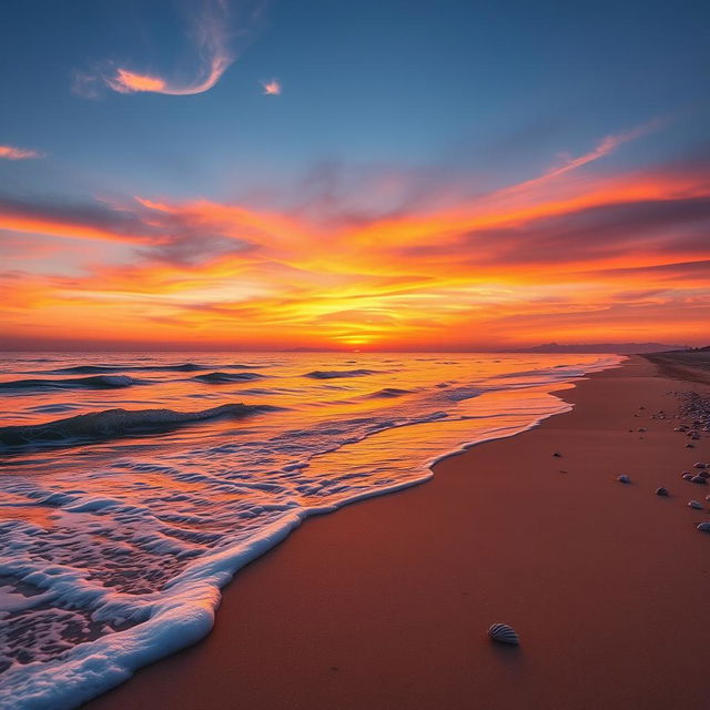 A serene beach at sunset with gentle waves lapping at the shore, vibrant orange, pink, and purple hues in the sky as the sun dips below the horizon