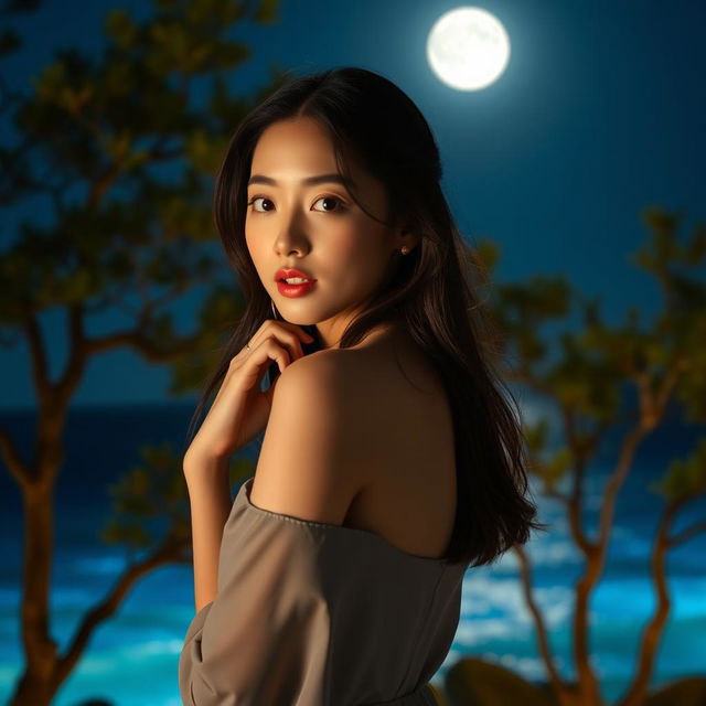 A beautiful nighttime scene featuring a graceful and attractive Korean woman posing elegantly and facing the camera