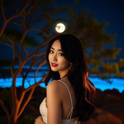 A beautiful nighttime scene featuring a graceful and attractive Korean woman posing elegantly and facing the camera