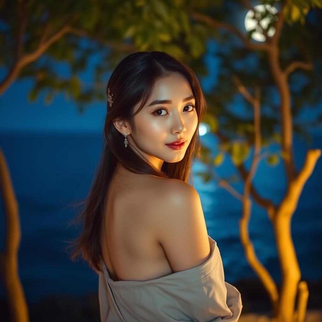 A beautiful nighttime scene featuring a graceful and attractive Korean woman posing elegantly and facing the camera