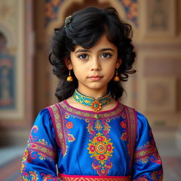 A beautiful young girl wearing an elegant traditional Iranian royal dress, showcasing intricate designs and vibrant colors