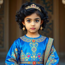 A beautiful young girl wearing an elegant traditional Iranian royal dress, showcasing intricate designs and vibrant colors