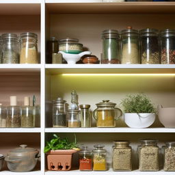 A well-organised, brightly lit kitchen shelf displaying an array of colourful ceramic dishes, spice jars, and potted herbs.