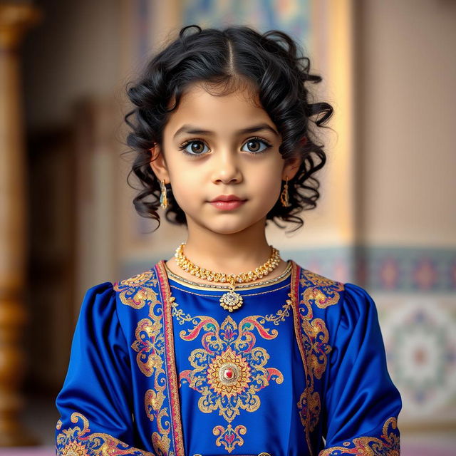 A beautiful young girl wearing an elegant traditional Iranian royal dress, showcasing intricate designs and vibrant colors