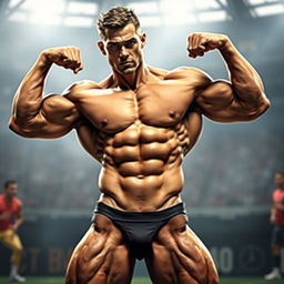 A highly detailed representation of a muscular male body, showcasing well-defined abs, bulging biceps, and a strong, sculpted physique