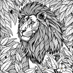 A detailed, intricate black and white illustration of a majestic lion surrounded by a lush jungle backdrop