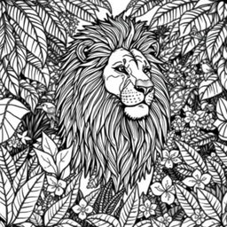 A detailed, intricate black and white illustration of a majestic lion surrounded by a lush jungle backdrop