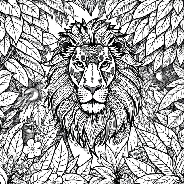 A detailed, intricate black and white illustration of a majestic lion surrounded by a lush jungle backdrop