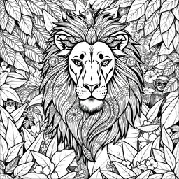 A detailed, intricate black and white illustration of a majestic lion surrounded by a lush jungle backdrop