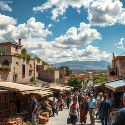 A scenic view of a modernized Syria in the year 2025, showcasing a harmonious blend of traditional and contemporary elements