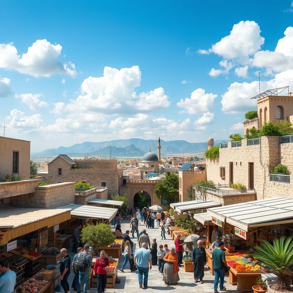 A scenic view of a modernized Syria in the year 2025, showcasing a harmonious blend of traditional and contemporary elements