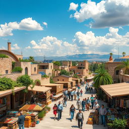 A scenic view of a modernized Syria in the year 2025, showcasing a harmonious blend of traditional and contemporary elements