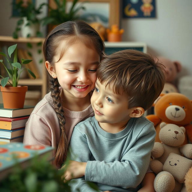 A warm and cozy indoor scene featuring two children, a girl and a boy, sitting close together in a colorful, cheerful room filled with toys and plants