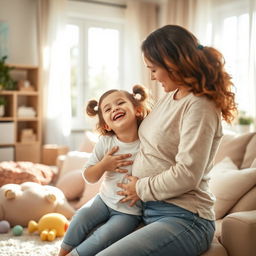 A warm and affectionate scene of a mother gently kissing her daughter's stomach, the daughter is laughing joyfully