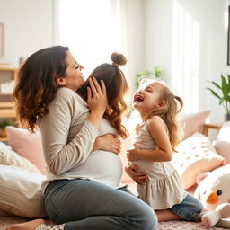 A warm and affectionate scene of a mother gently kissing her daughter's stomach, the daughter is laughing joyfully