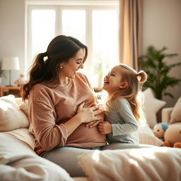 A warm and affectionate scene of a mother gently kissing her daughter's stomach, the daughter is laughing joyfully